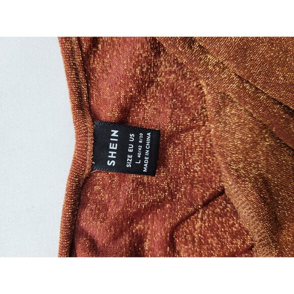 Shein L Burnt Orange Sparkle Glitter Fall Boho Spaghetti Strap Adjustable Dress - Picture 7 of 12